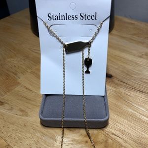 NWOT Pour a Glass of Wine, Goldtone Adjustable Necklace, Stainless Steel, Cute!